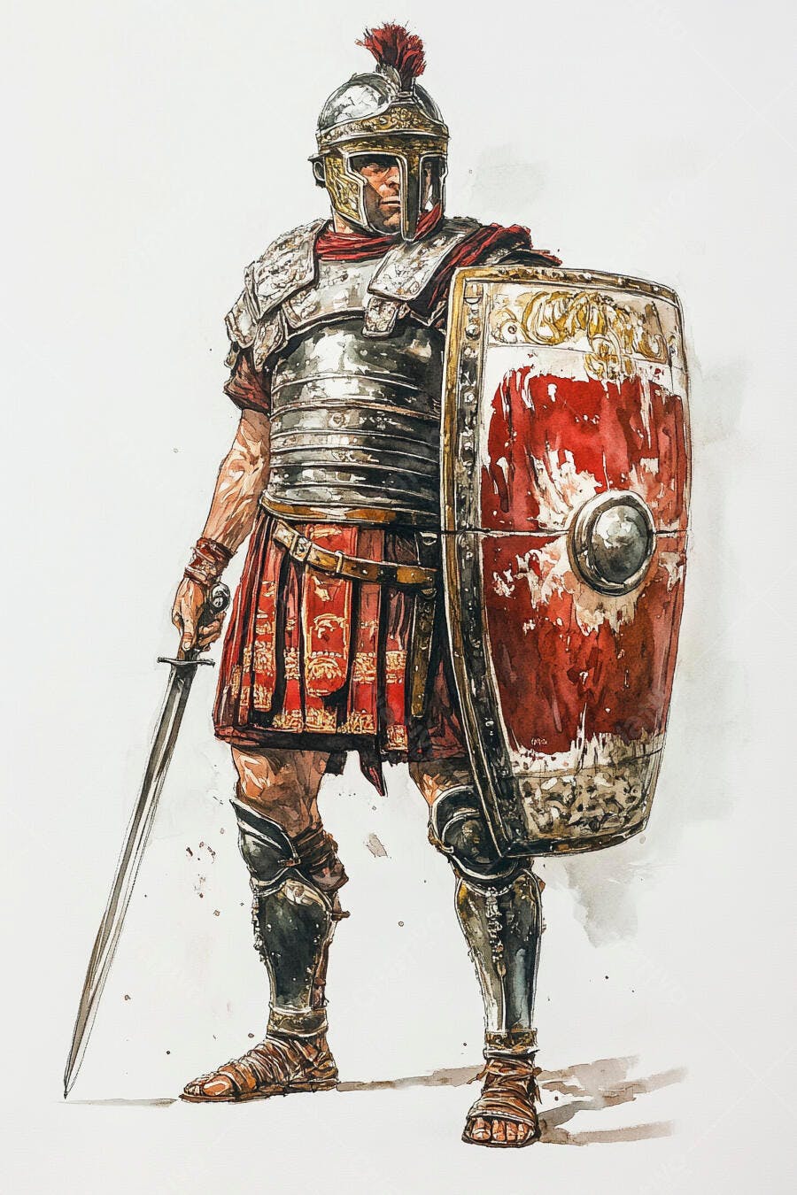 Soldado romano legionário com armadura prata e escudo vermelho detalhado