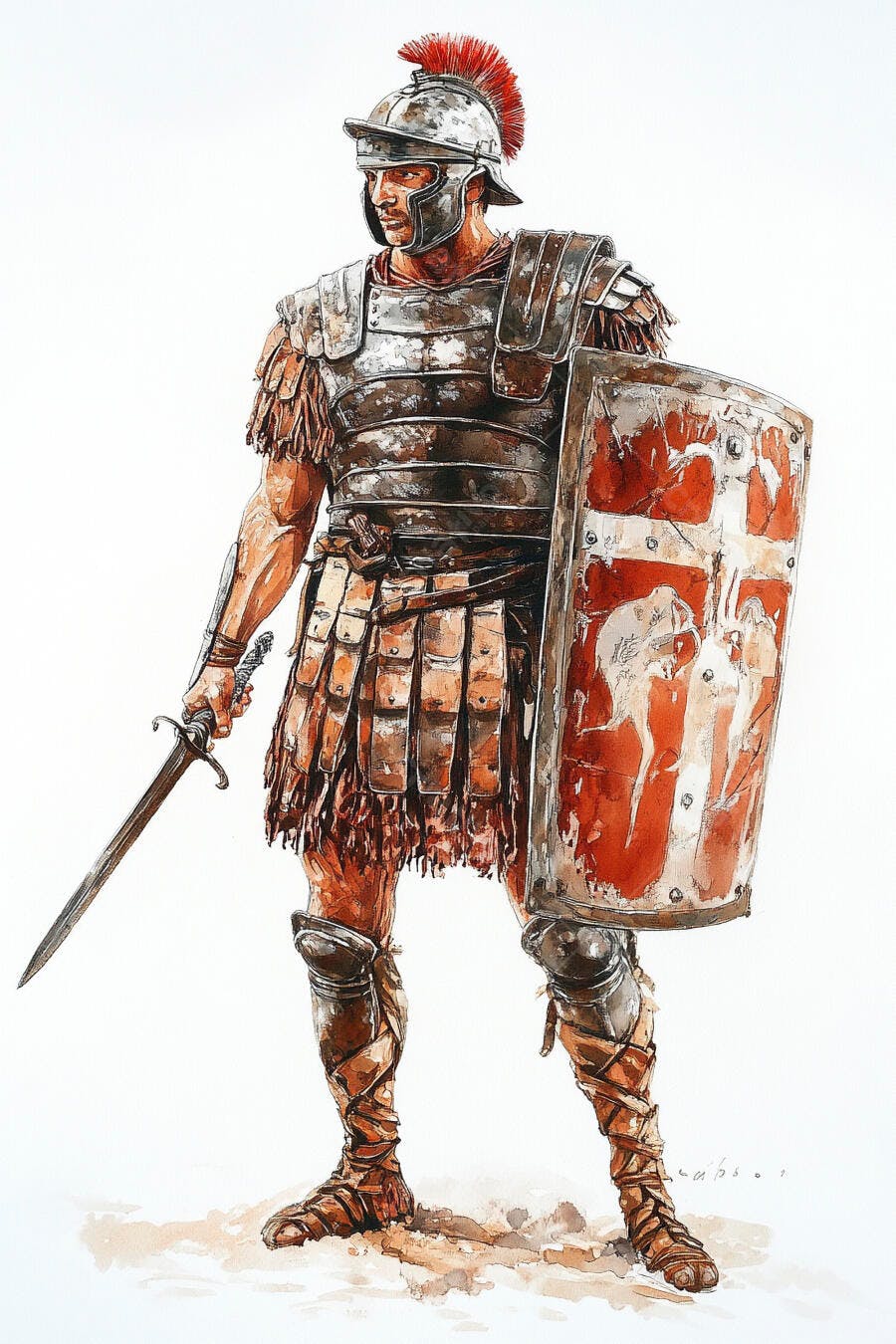 Soldado romano em armadura de couro e metal com escudo e espada em fundo branco