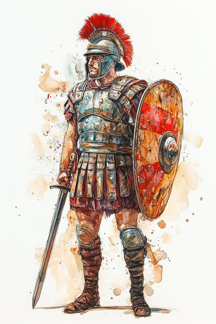 Guerreiro romano com capacete vermelho armadura azul e escudo em aquarela