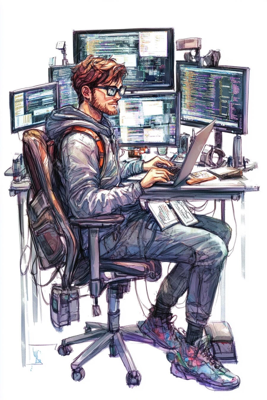 Programador barbudo com óculos trabalhando em múltiplos monitores coloridos em seu escritório