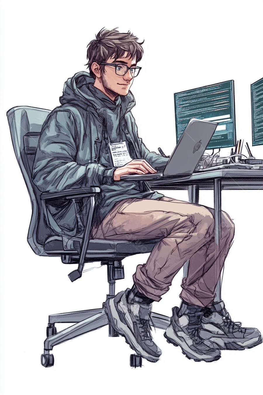 Homem jovem programador de óculos trabalhando com código em laptop e monitores