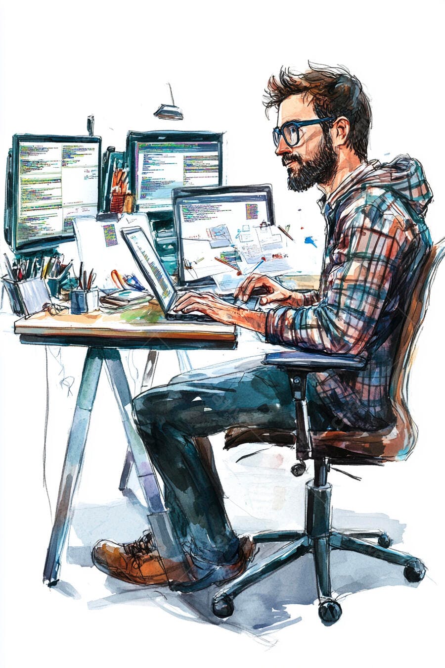 Desenvolvedor barbudo de óculos e camisa xadrez programando em seu workstation