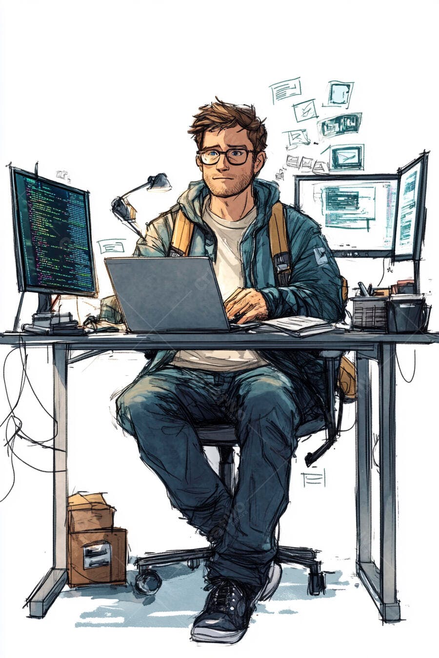Homem caucasiano programador de óculos trabalhando em laptop e múltiplos monitores na mesa