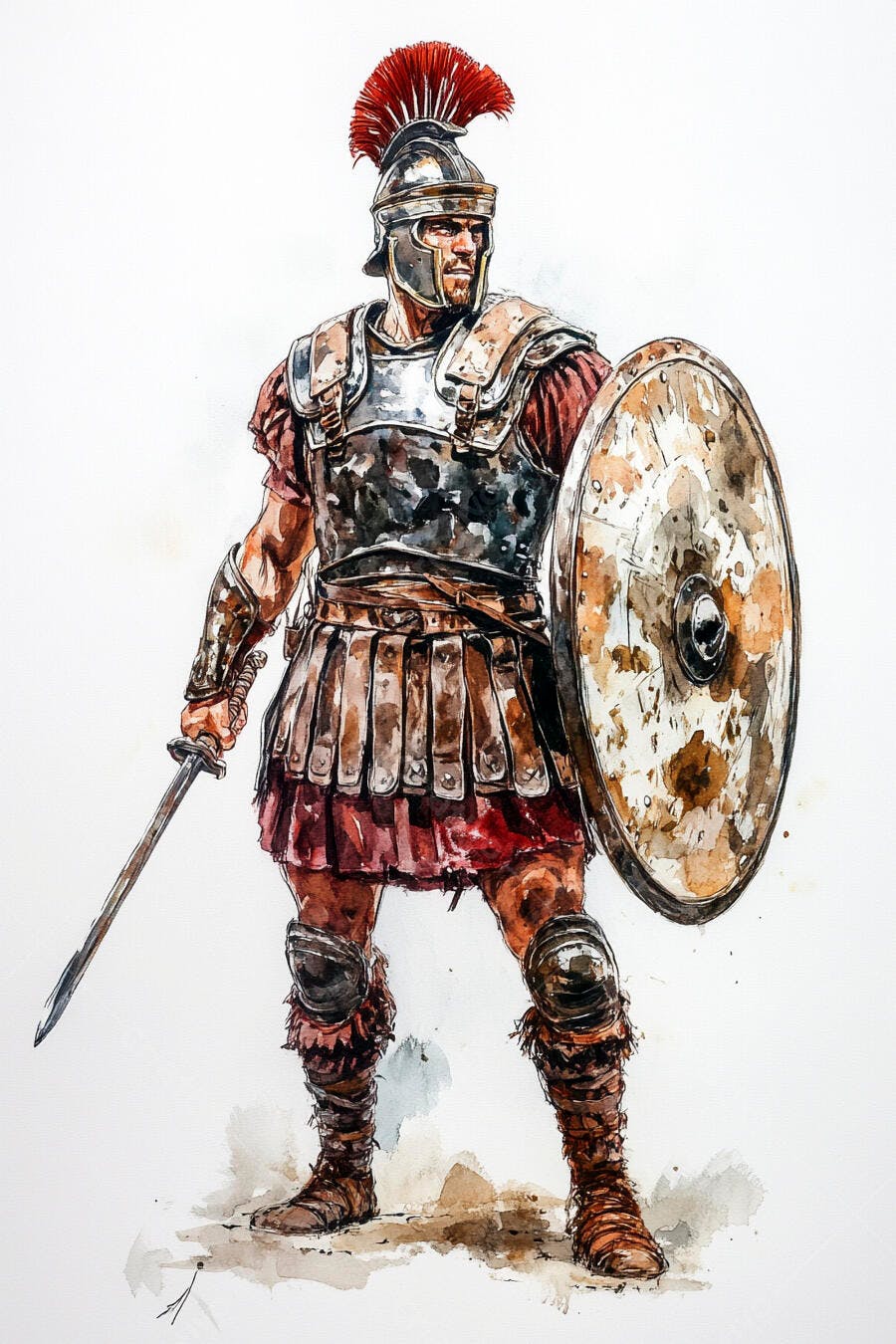 Centurião Romano com armadura e escudo segurando espada aquarela ilustração