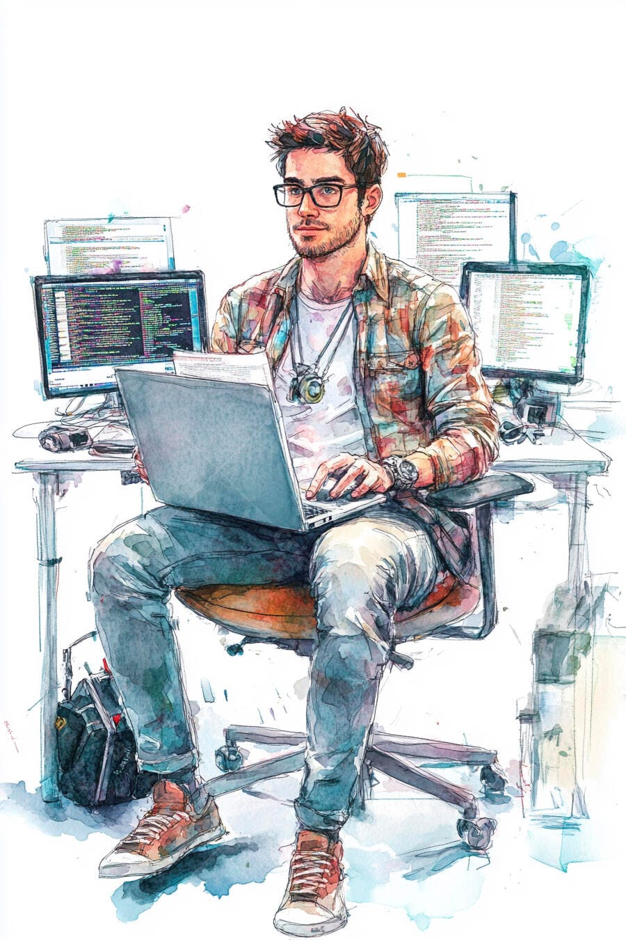 Homem programador caucasiano usando óculos trabalhando em laptop ilustração aquarela