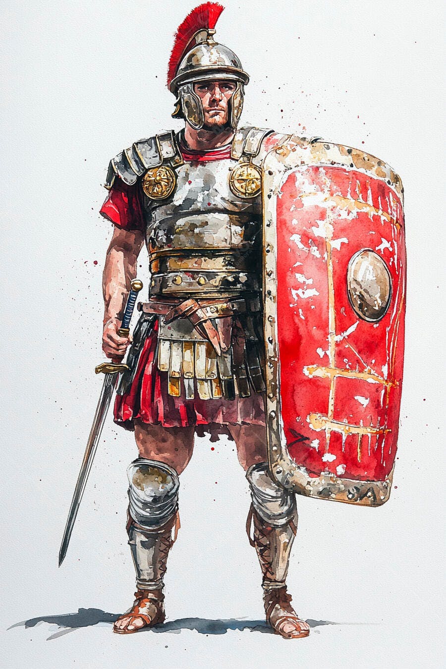 Soldado Romano em armadura vermelha e metálica com escudo e espada em aquarela