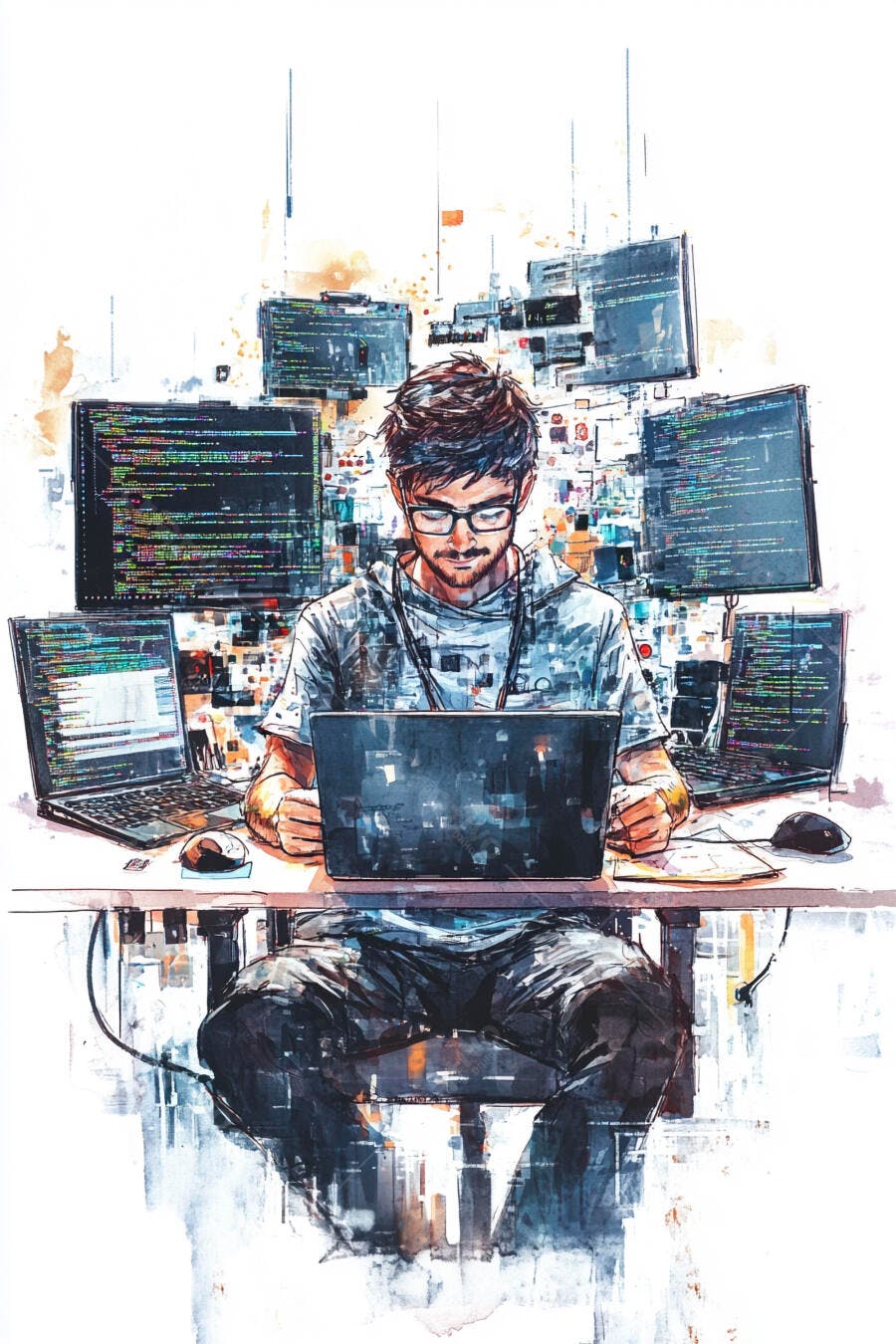 Programador masculino com óculos codificando em múltiplos monitores ilustração digital