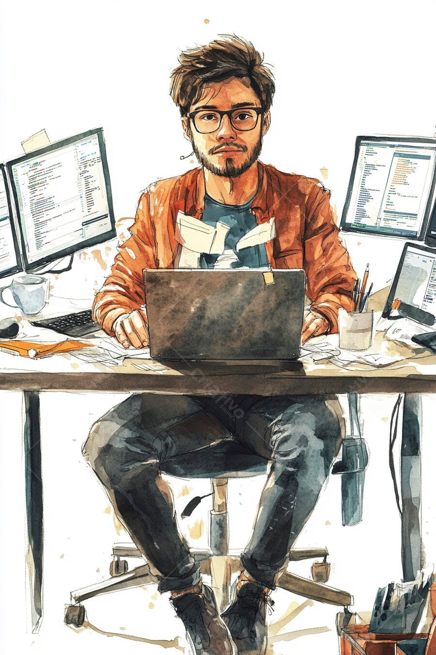 Homem jovem programador em escrivaninha com monitores e laptop