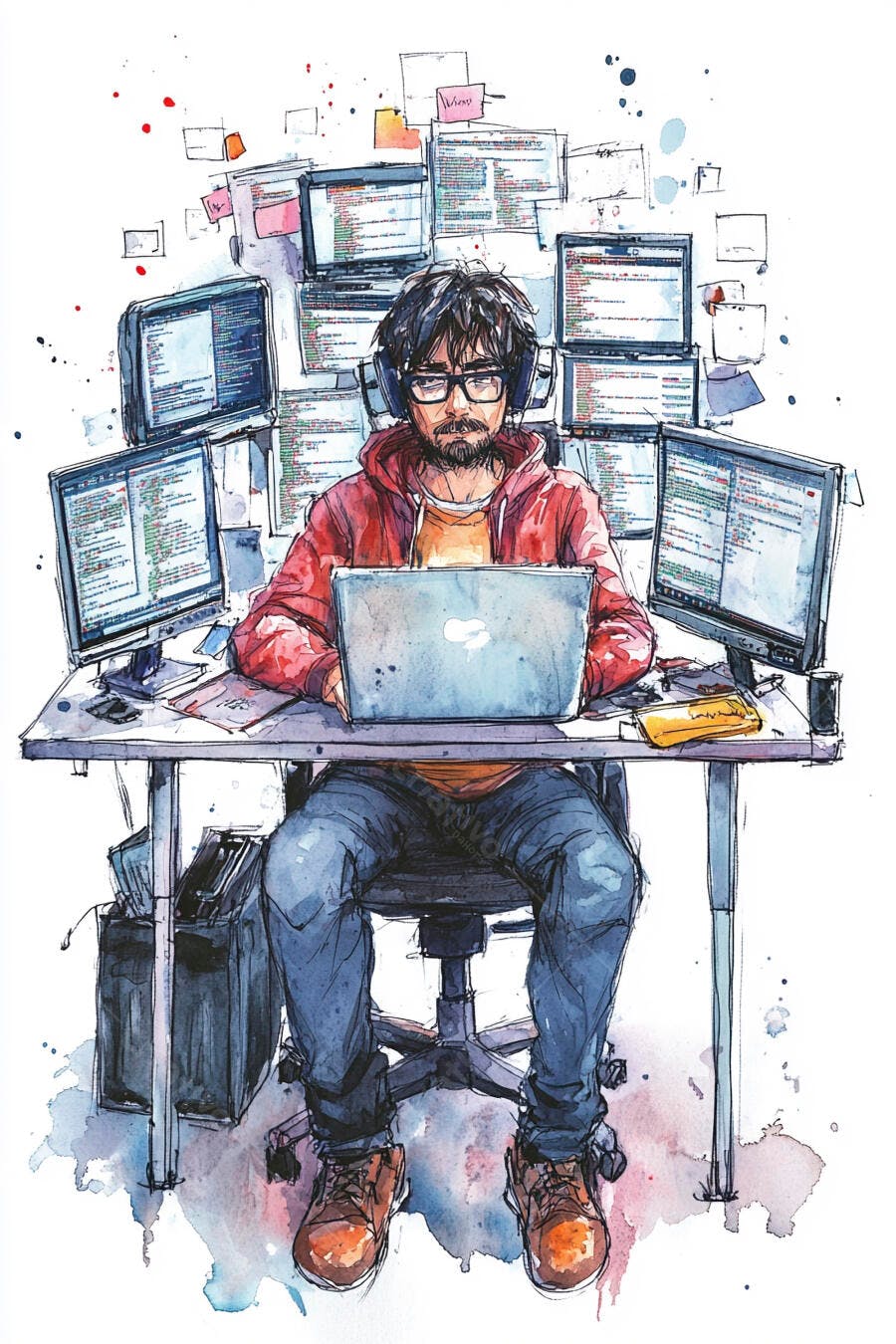 Programador homem de óculos e capuz vermelho trabalhando com múltiplos monitores de código