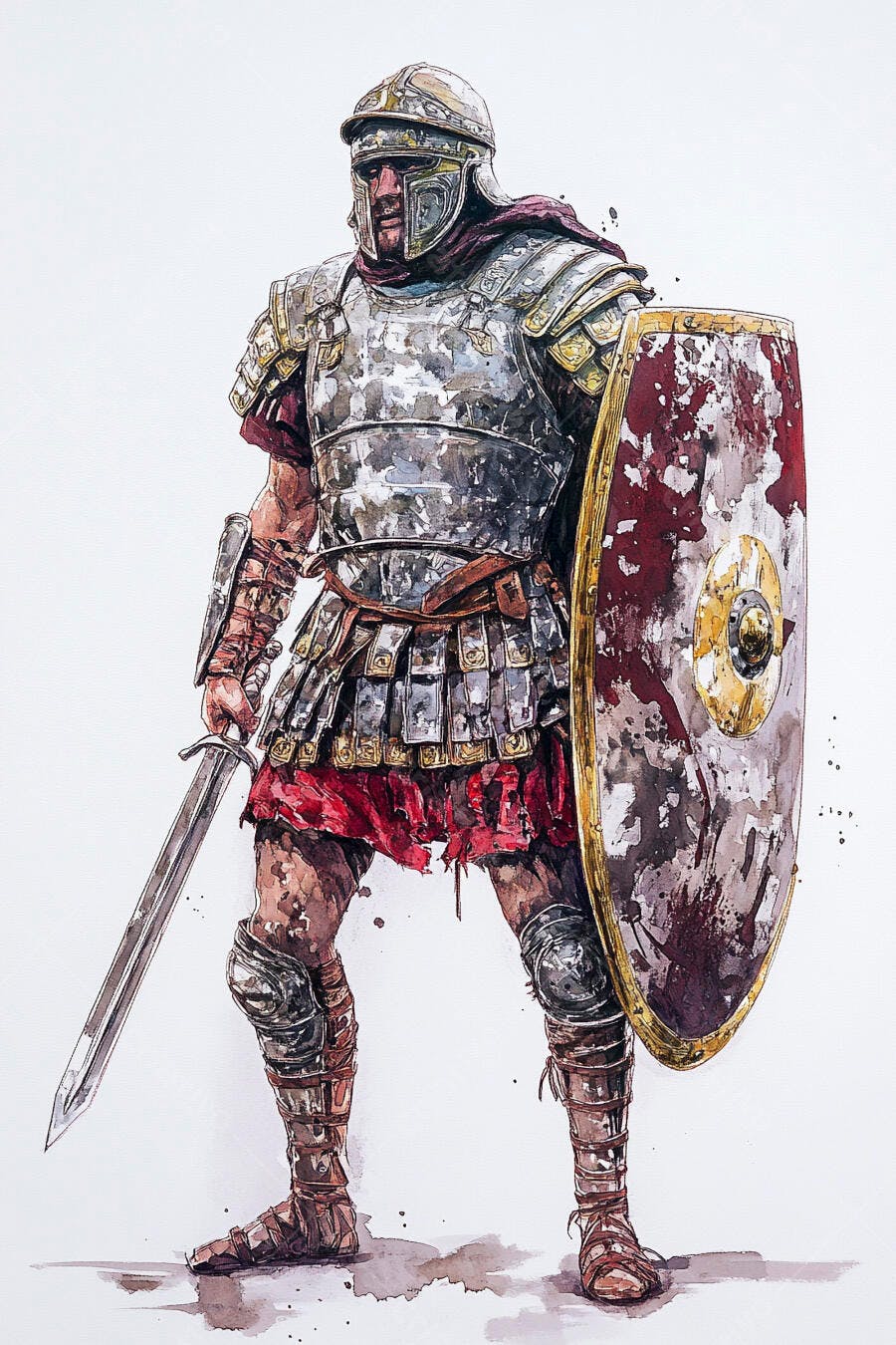 Soldado romano em armadura metálica e escudo vermelho segurando espada ilustração histórica