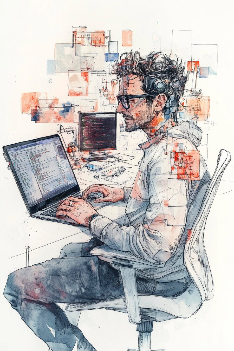 Programador homem com óculos codificando no laptop ilustração aquarela abstrata