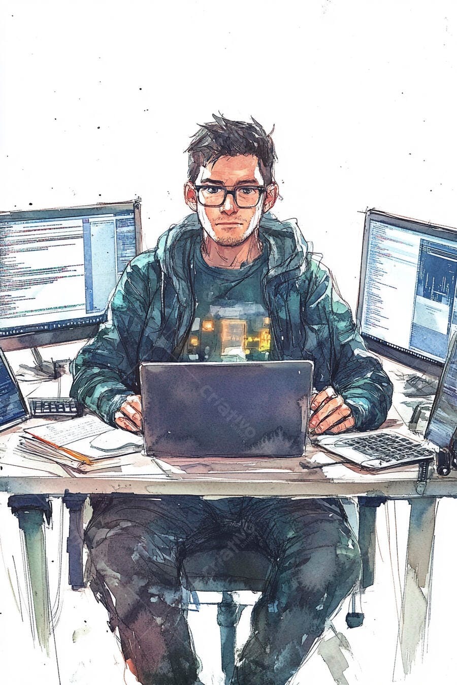 Homem caucasiano programador com óculos trabalhando no notebook e monitores