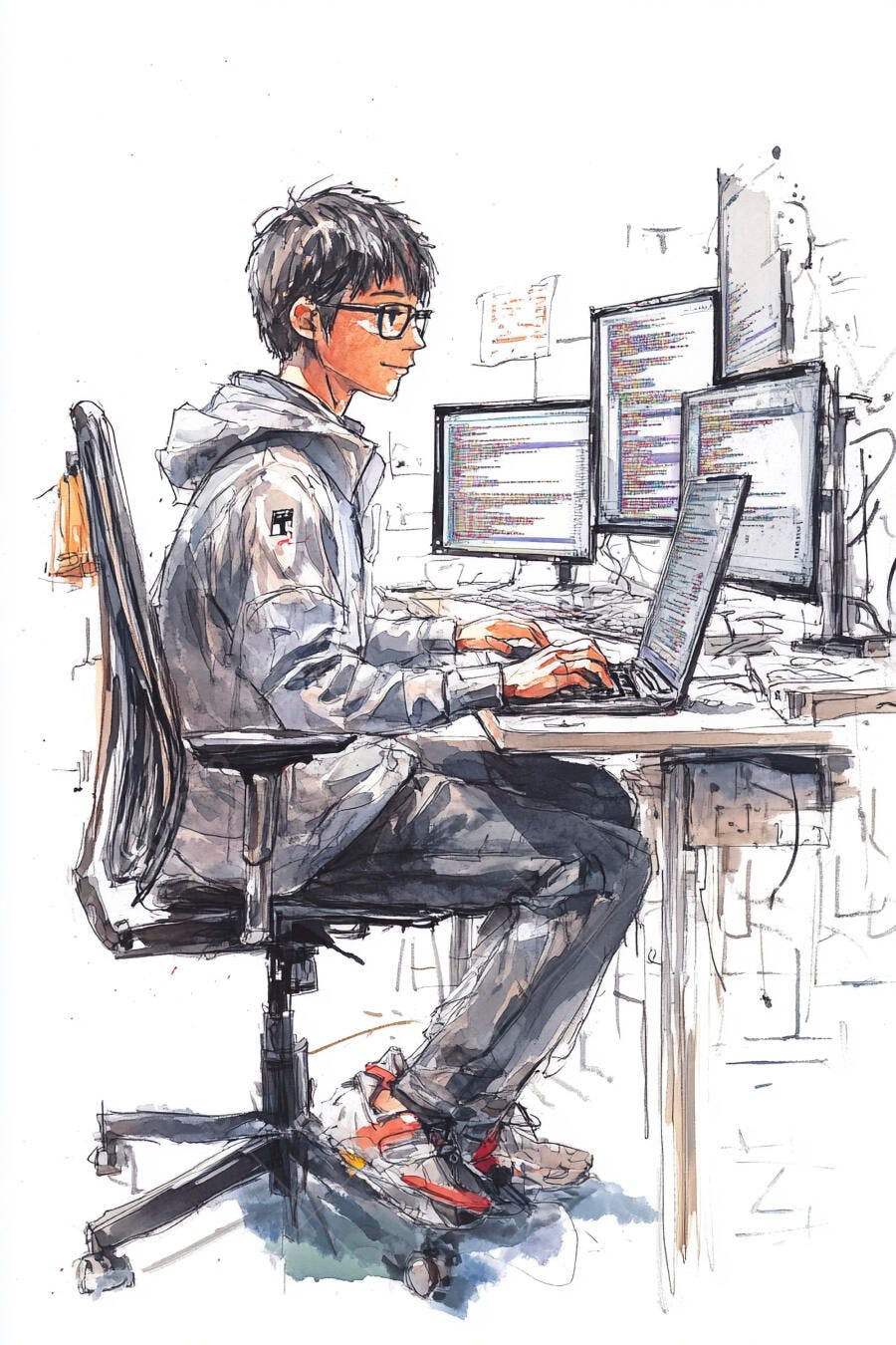 Jovem programador asiático de óculos em moletom cinza digitando código em múltiplos monitores