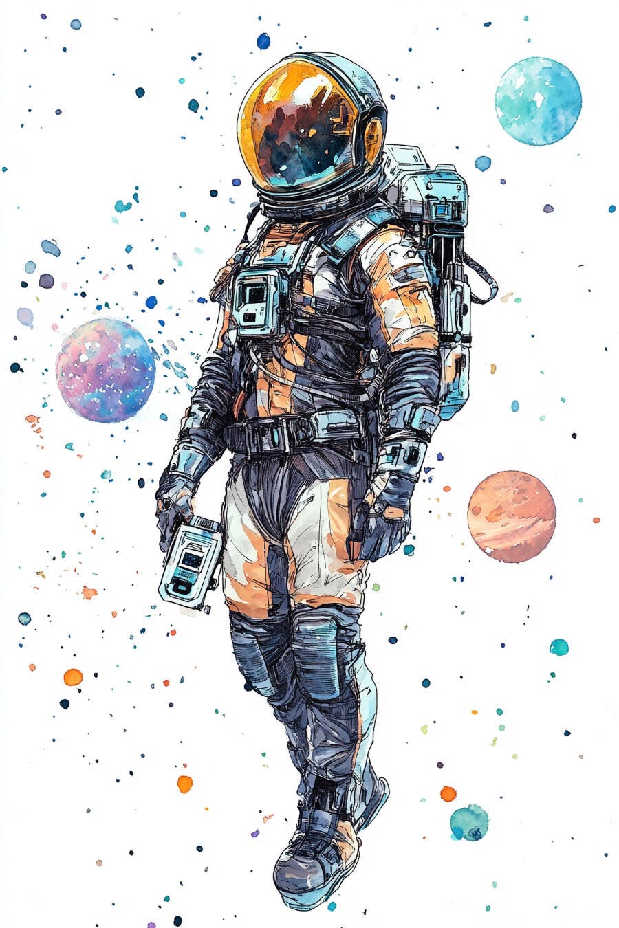 Astronauta em traje espacial laranja e preto com planetas estilo aquarela