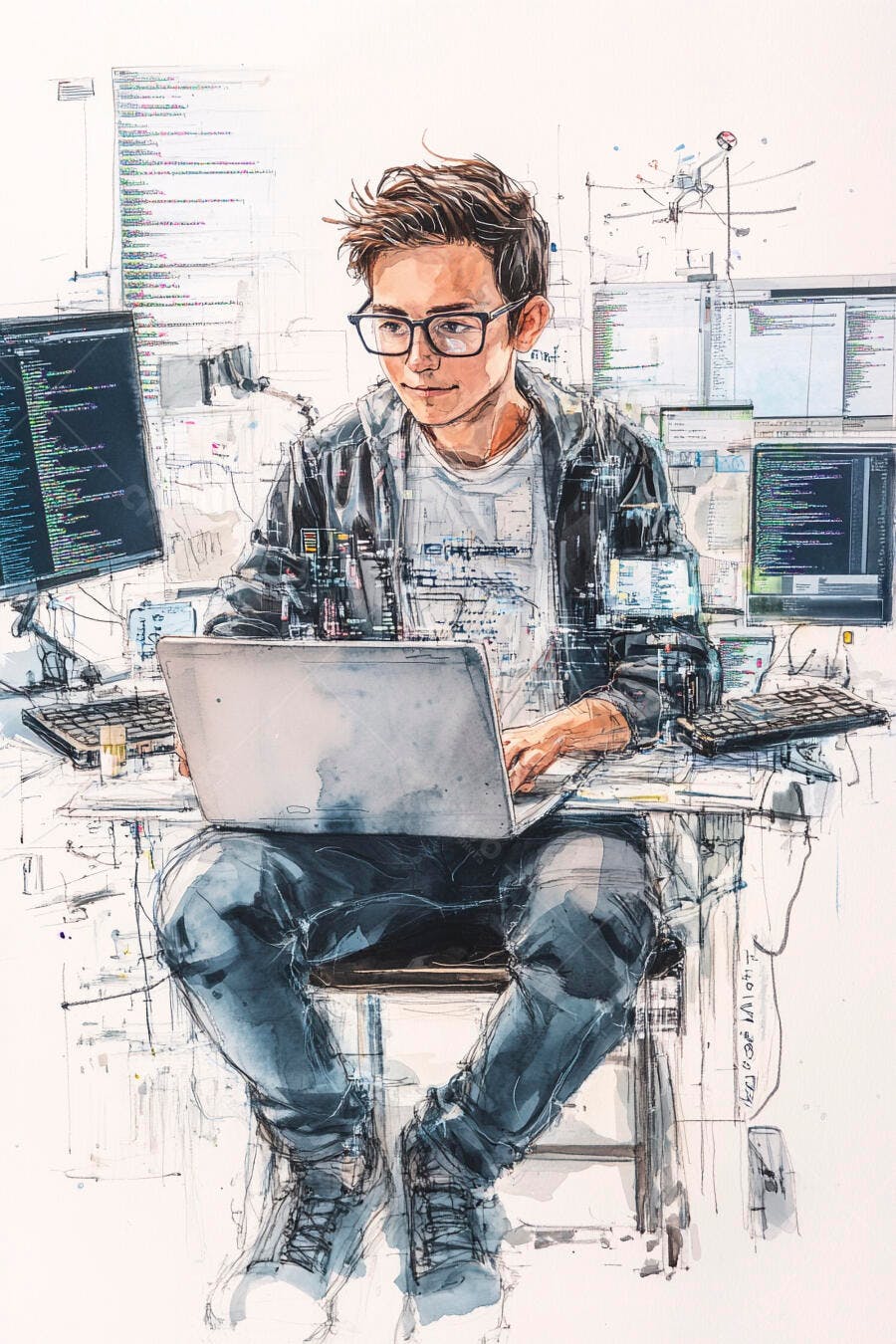Jovem programador focado trabalhando com laptop e múltiplos monitores com código