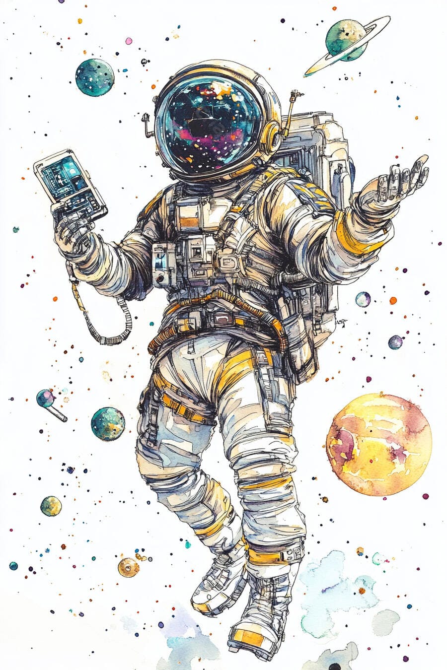 Astronauta branco e dourado segurando tablet flutuando no espaço com planetas coloridos