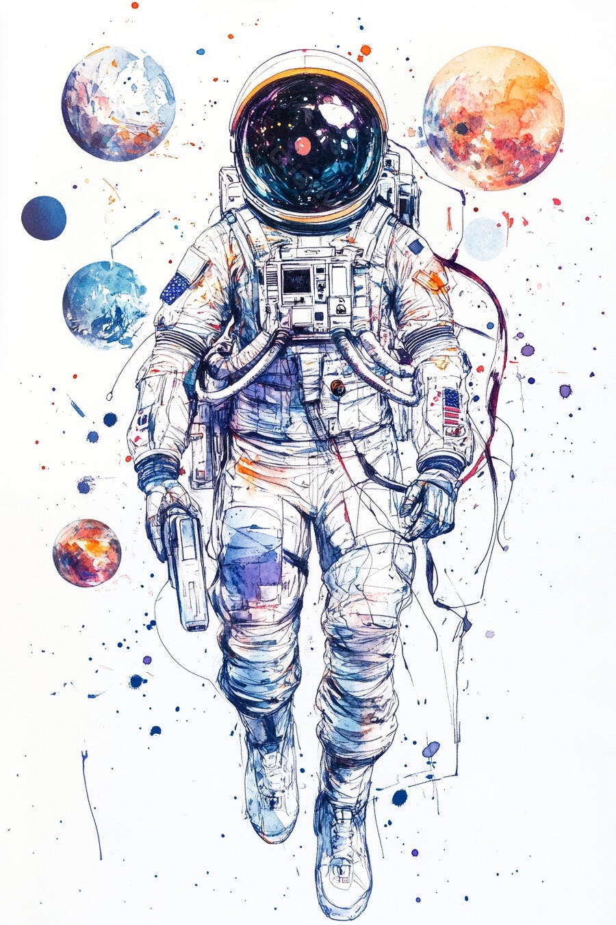 Astronauta em traje espacial branco com planetas coloridos em aquarela ilustração artística no espaço