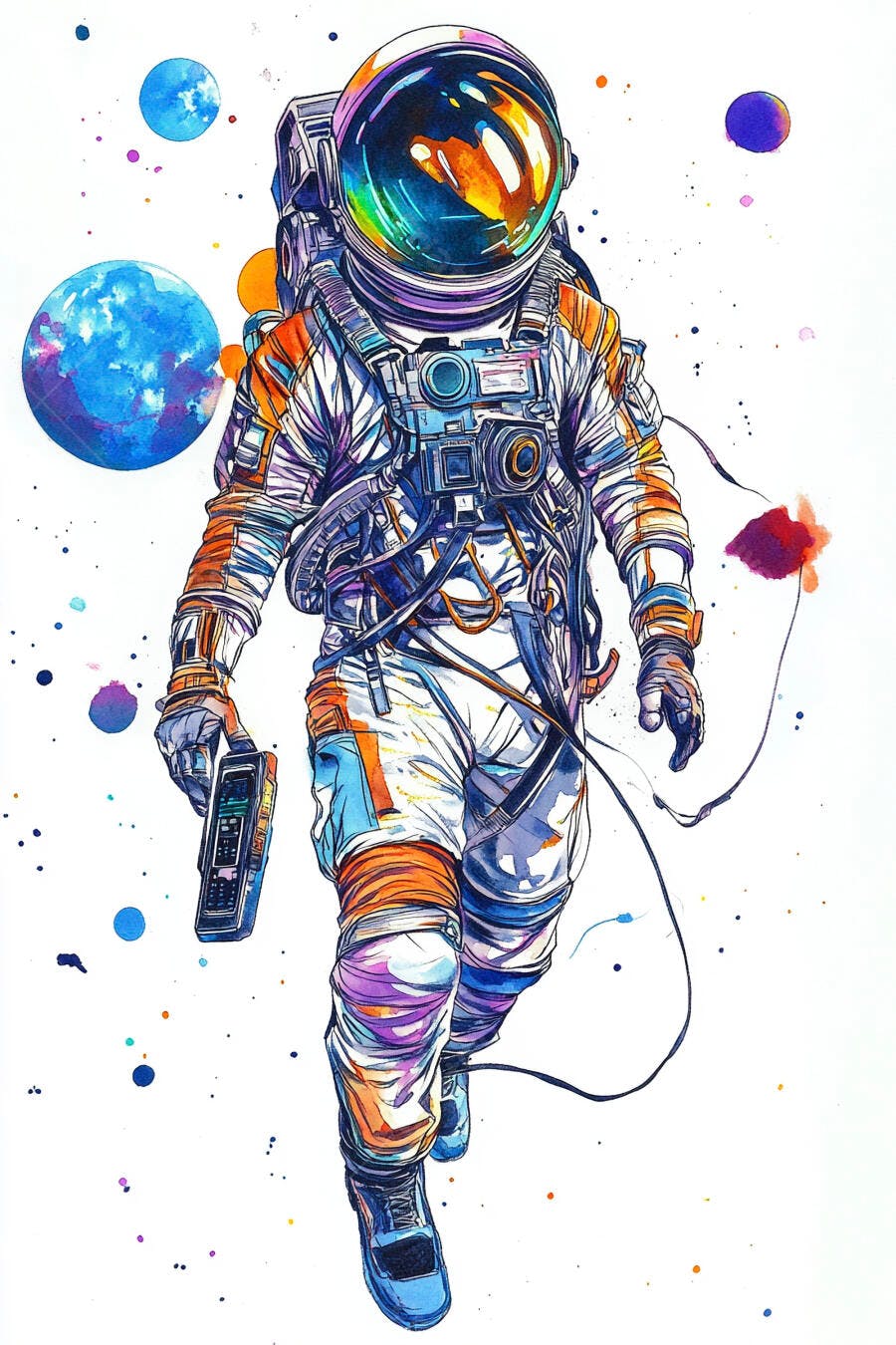 Astronauta caminhando no espaço com cores vibrantes e planetas flutuantes