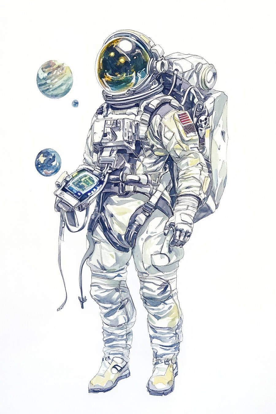 Astronauta de traje espacial branco com planetas flutuantes em arte aquarela