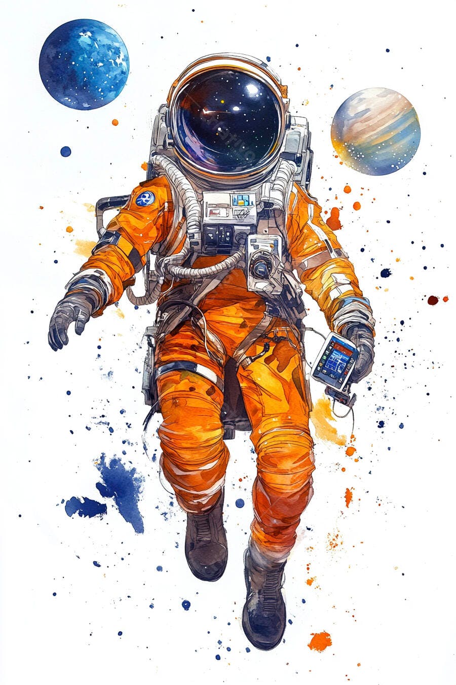 Astronauta em traje laranja flutuando no espaço com planetas coloridos em aquarela