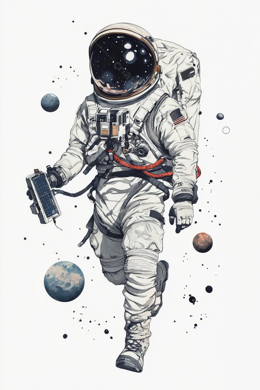 Astronauta americano em traje espacial branco flutuando no espaço com painel solar e planetas