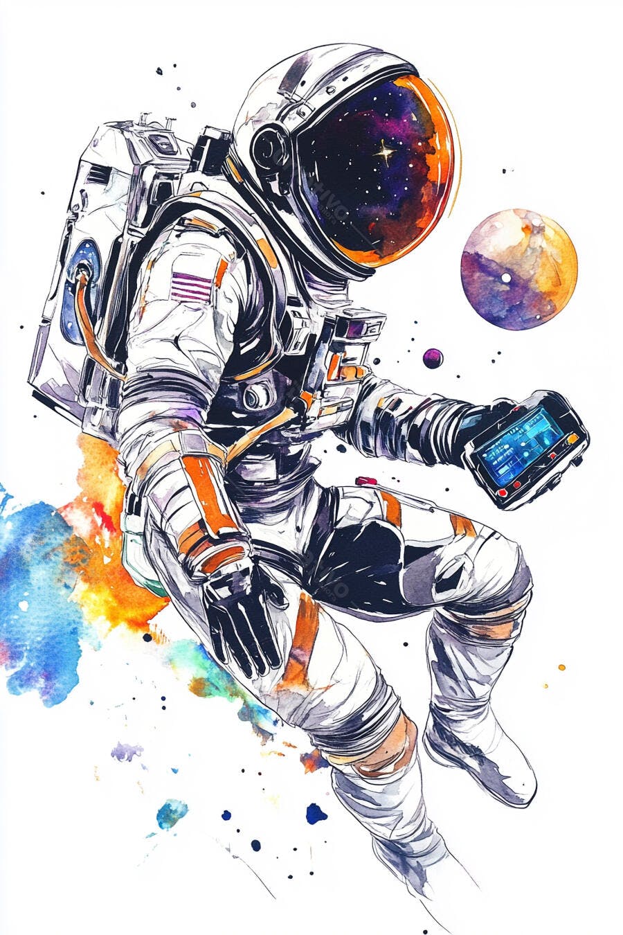 Astronauta traje branco laranja explorando espaço com tablet arte aquarela