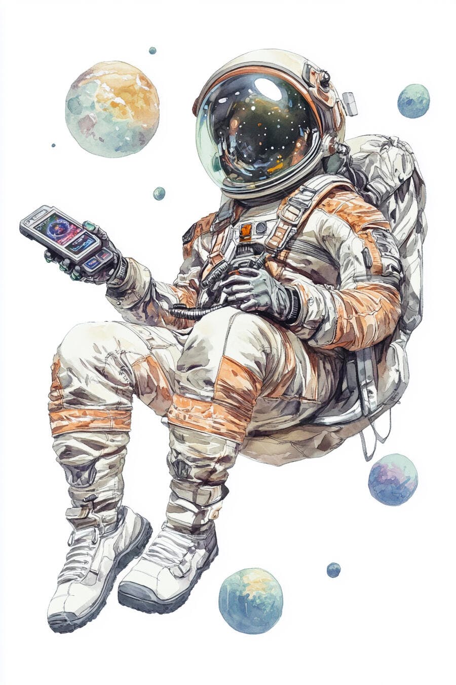 Astronauta flutuando com tablet digital entre planetas coloridos