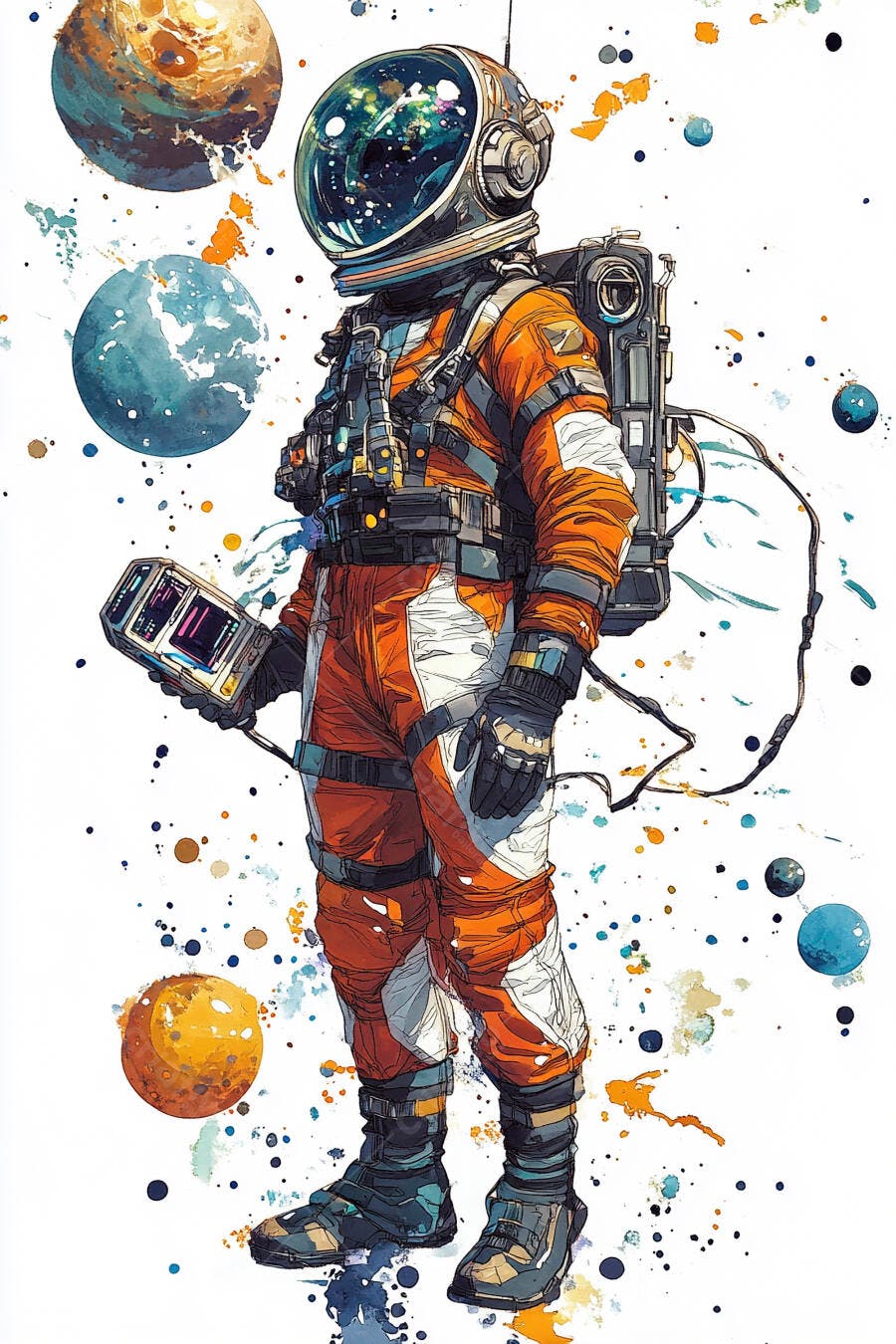 Astronauta em traje laranja com planetas e galáxias ilustração artística