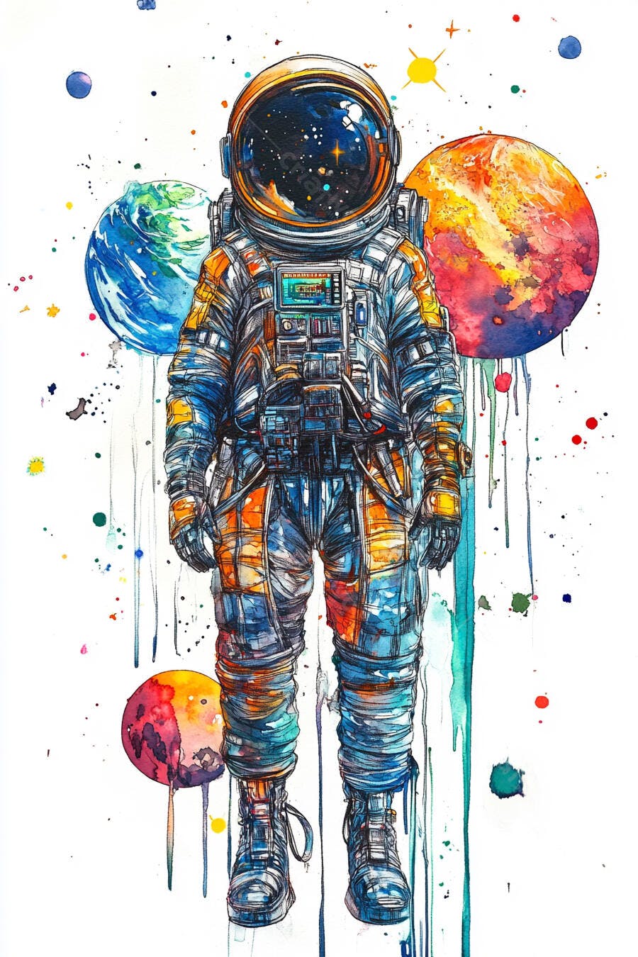 Astronauta em traje espacial azul e laranja com planetas em aquarela e arte espacial vibrante