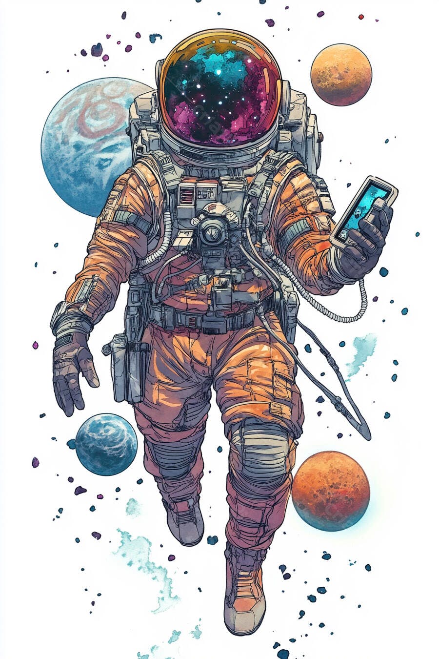 Astronauta laranja flutuando no espaço com visor galáctico e smartphone