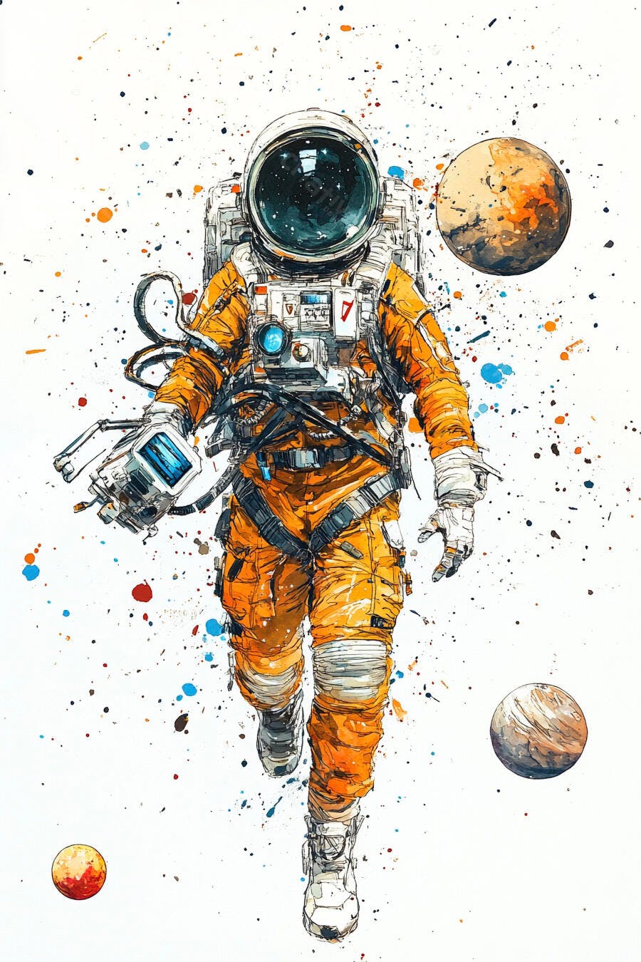 Astronauta de traje laranja em exploração espacial com planetas e respingos de tinta
