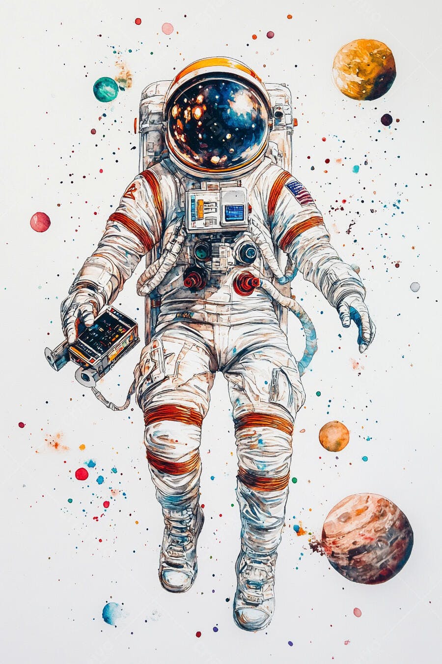 Astronauta flutuando em traje branco laranja com planetas coloridos no espaço aquarela