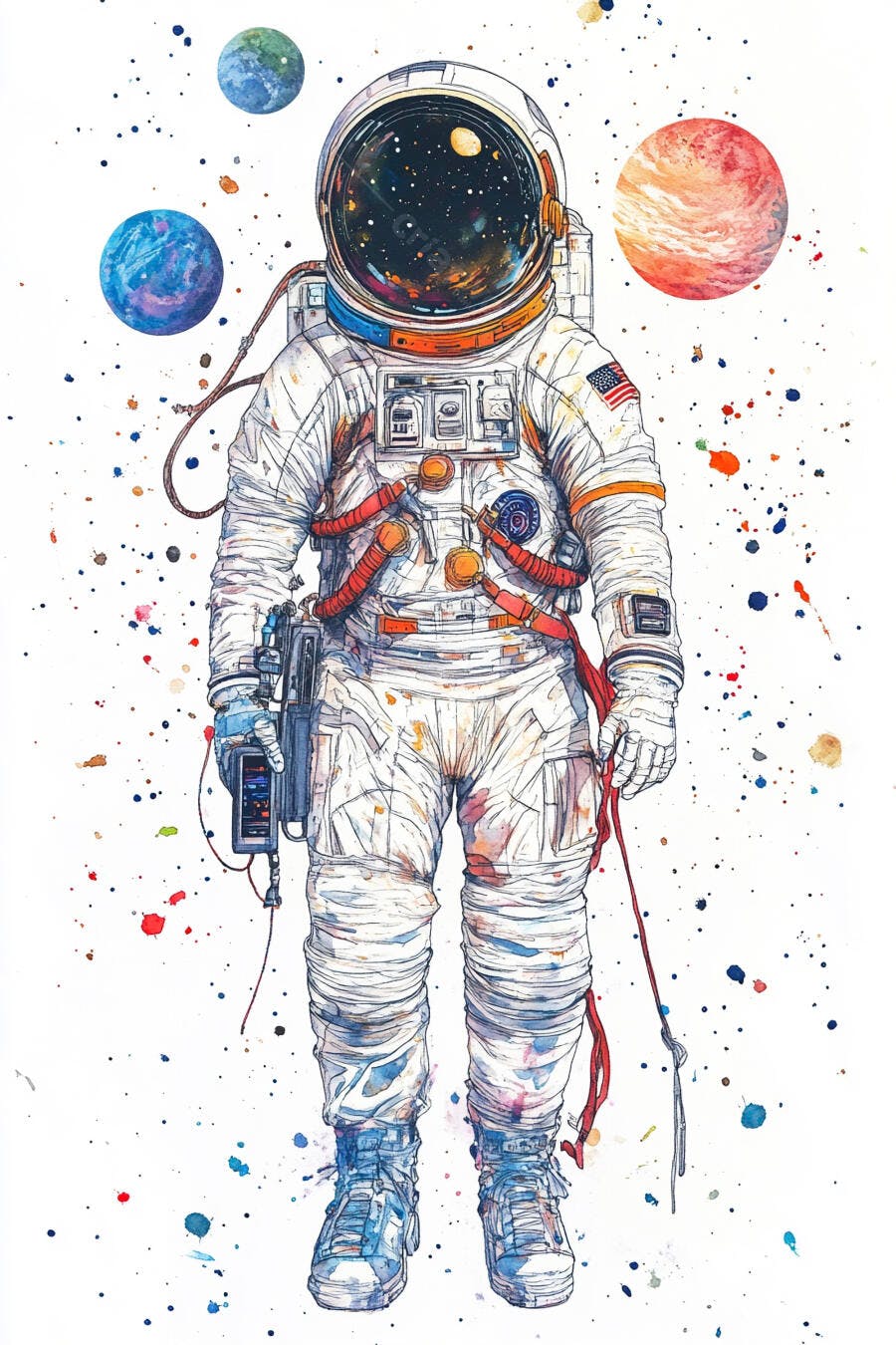 Astronauta em traje branco com planetas coloridos arte aquarela espacial