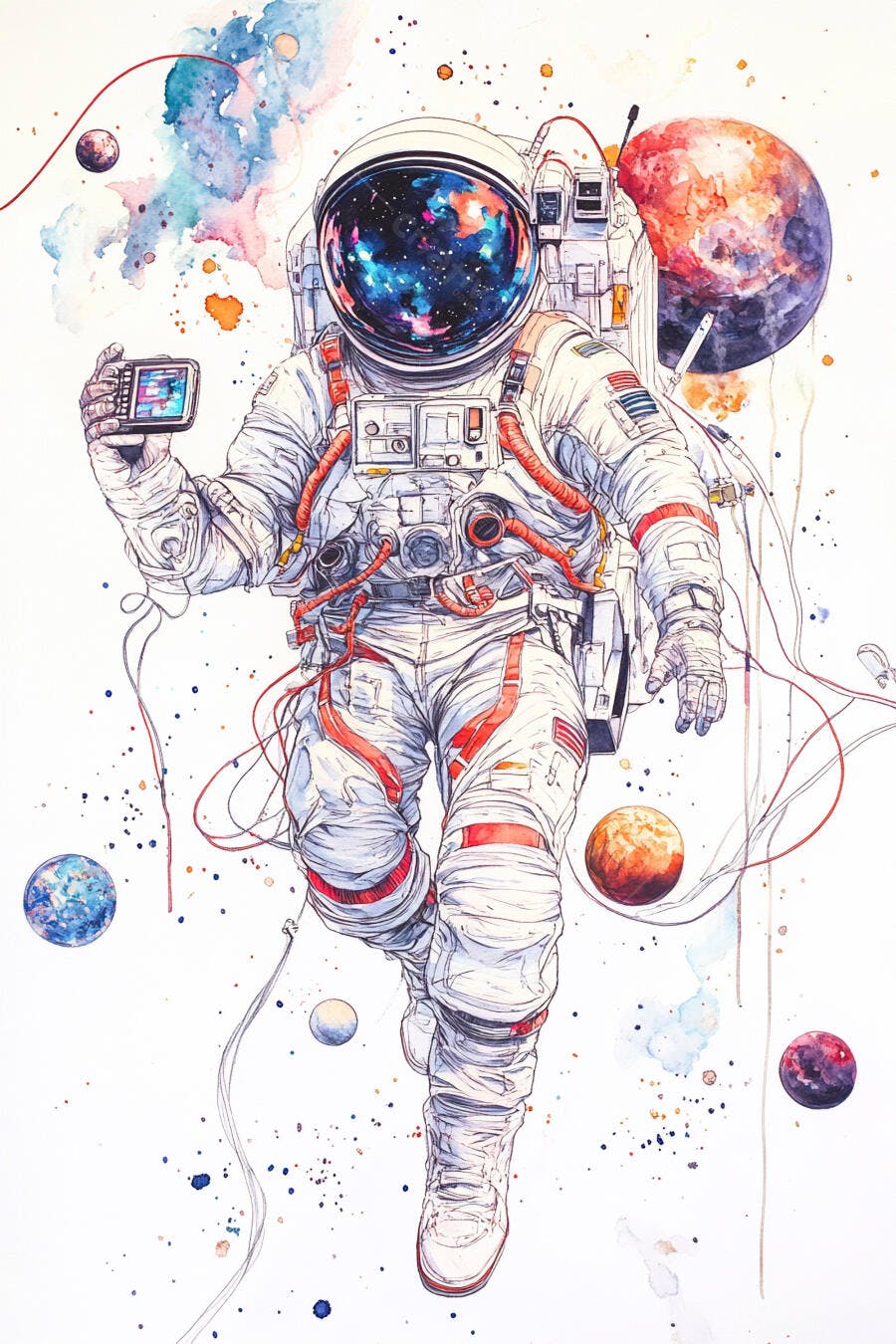 Astronauta em traje branco segurando tela digital cercado por planetas aquarela