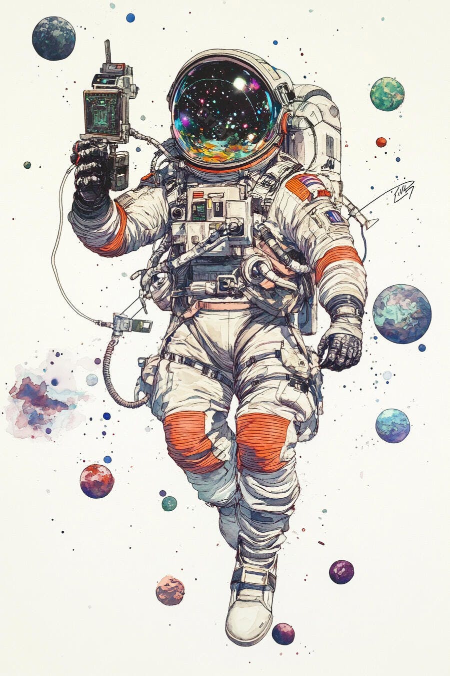 Astronauta flutuando com câmera em arte galáctica de aquarela e planetas