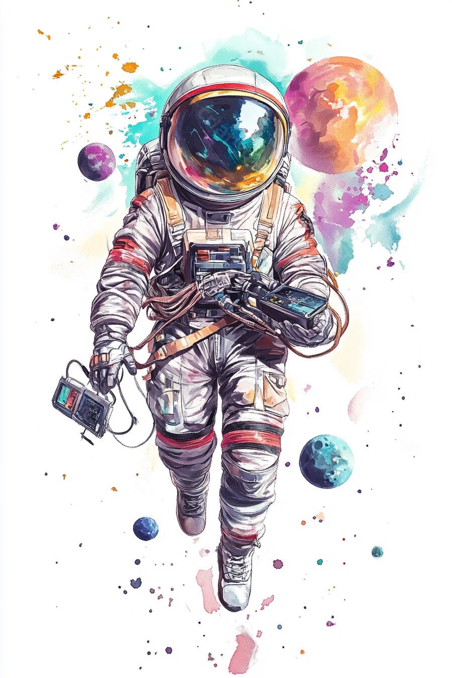 Astronauta em traje espacial branco com capacete colorido explorando o universo aquarela
