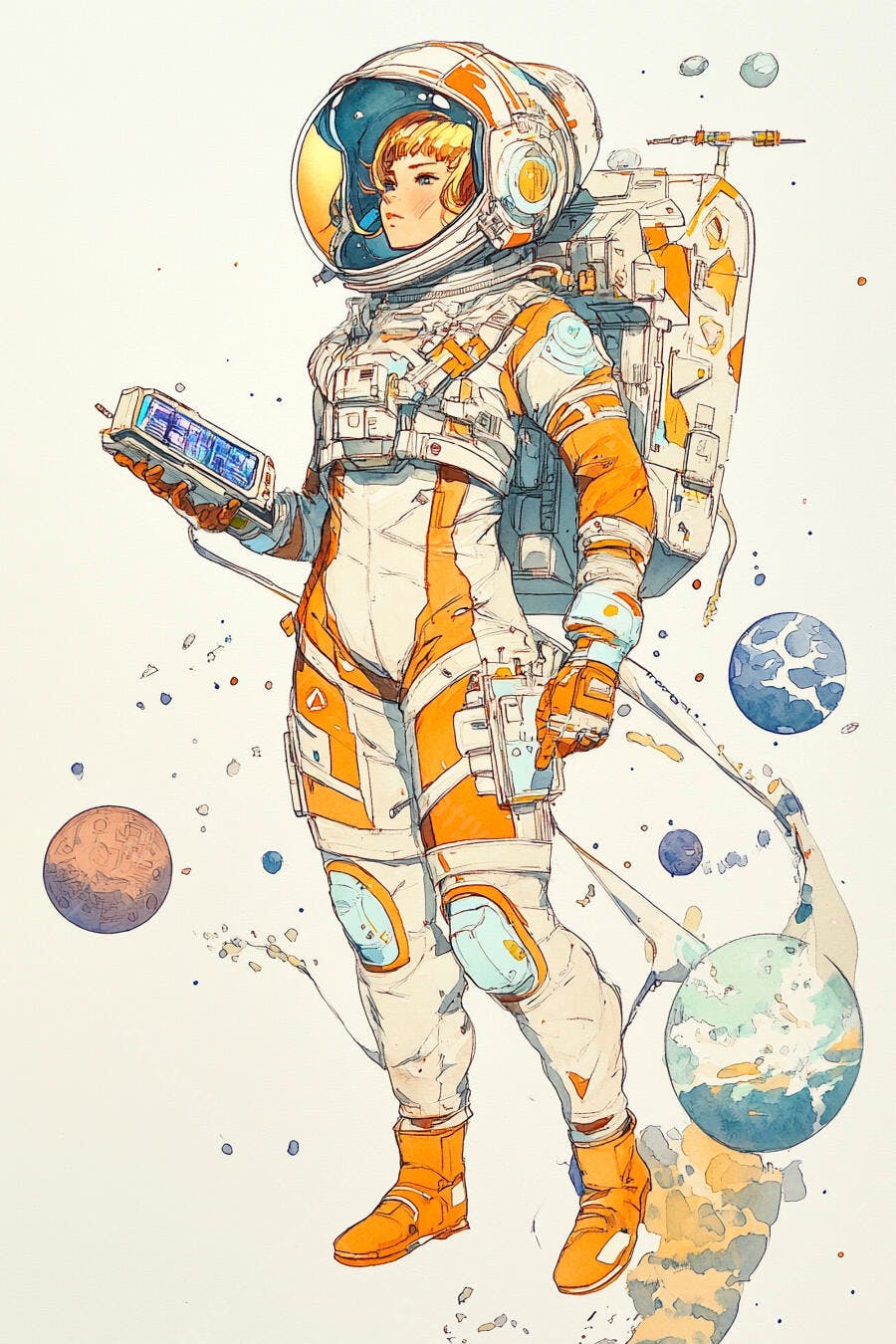 Astronauta mulher loira em traje espacial laranja e branco com planetas