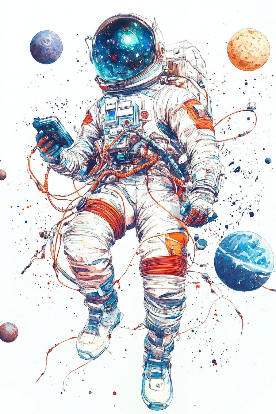 Astronauta em traje branco e laranja flutuando no espaço segurando aparelho digital com planetas