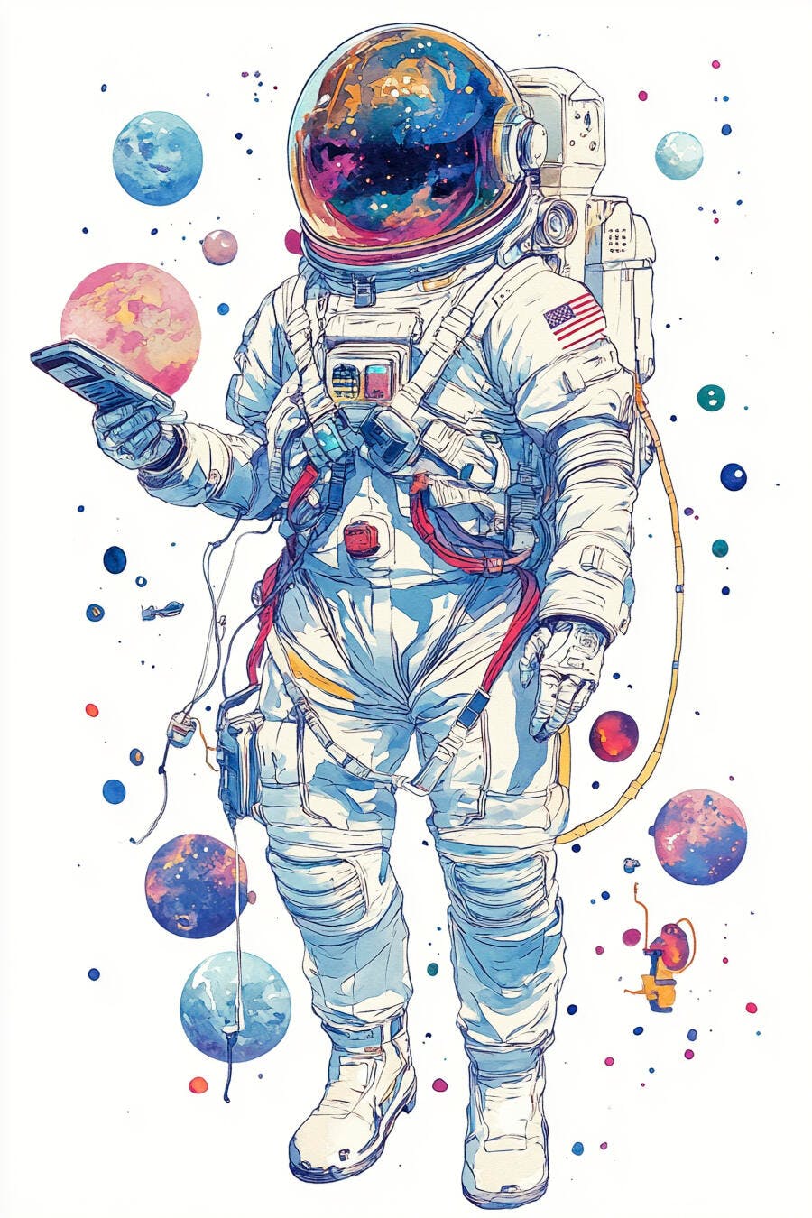 Astronauta branco com tablet em traje espacial colorido entre planetas