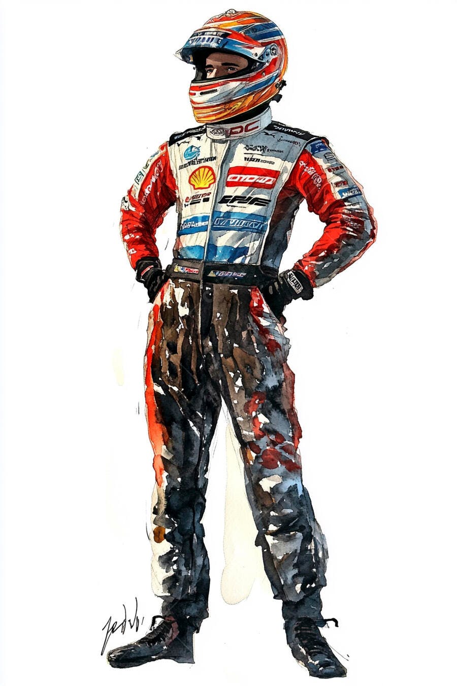 Ilustração aquarela piloto de corrida macacão branco vermelho azul capacete colorido