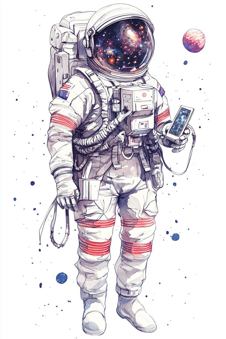 Astronauta americano segurando smartphone capacete com galáxia ilustração aquarela