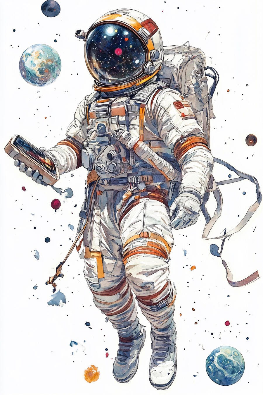 Astronauta flutuando no espaço com traje branco laranja e visor galáctico