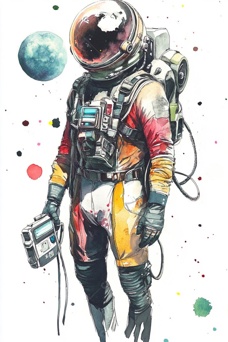 Astronauta em traje espacial laranja e vermelho com planeta ao fundo arte aquarela