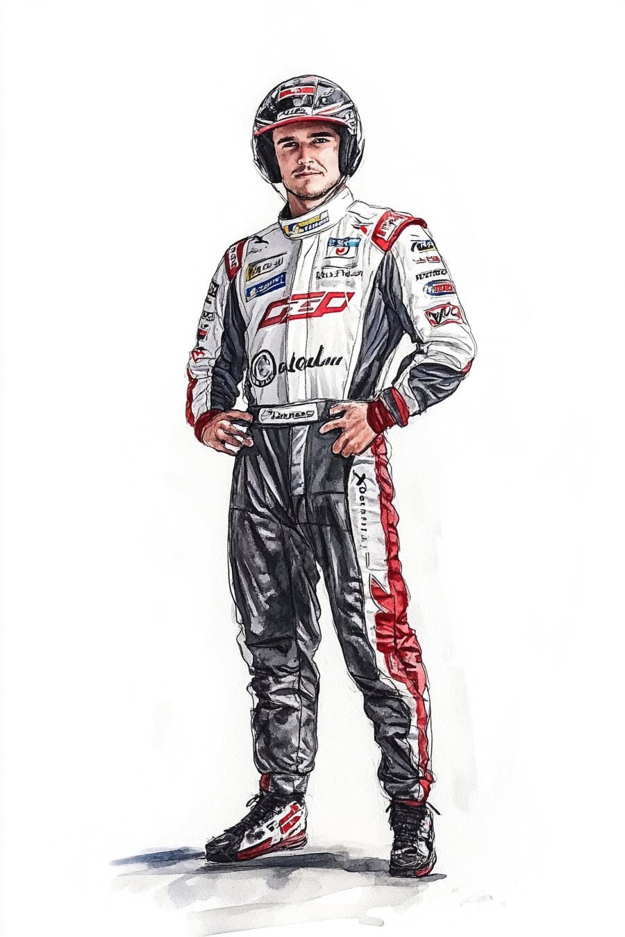 Homem piloto de corrida com capacete e macacão branco vermelho preto ilustração aquarela