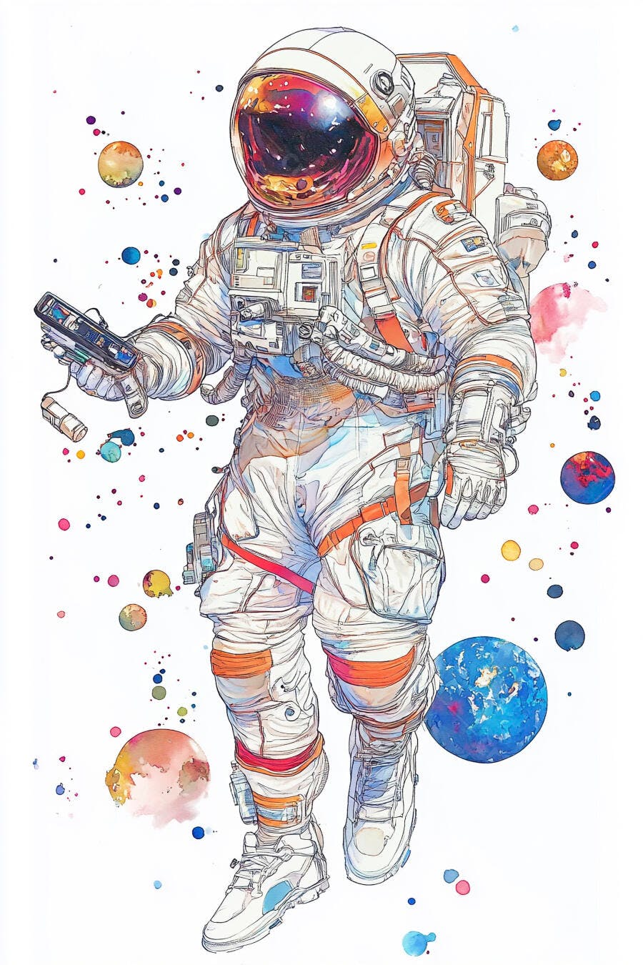 Astronauta em traje espacial branco e laranja segurando dispositivo entre planetas coloridos aquarela
