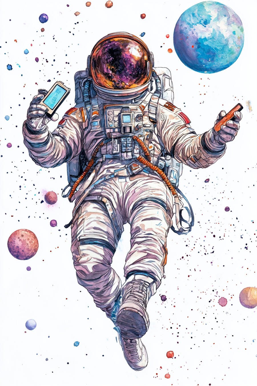 Astronauta branco flutuando no espaço com galáxia colorida no visor e planetas
