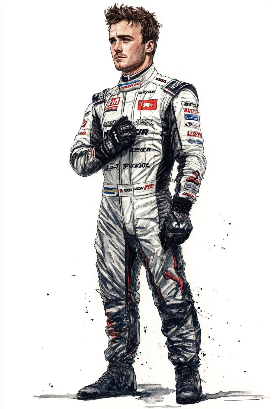 Piloto de corrida masculino caucasiano em traje branco profissional ilustração