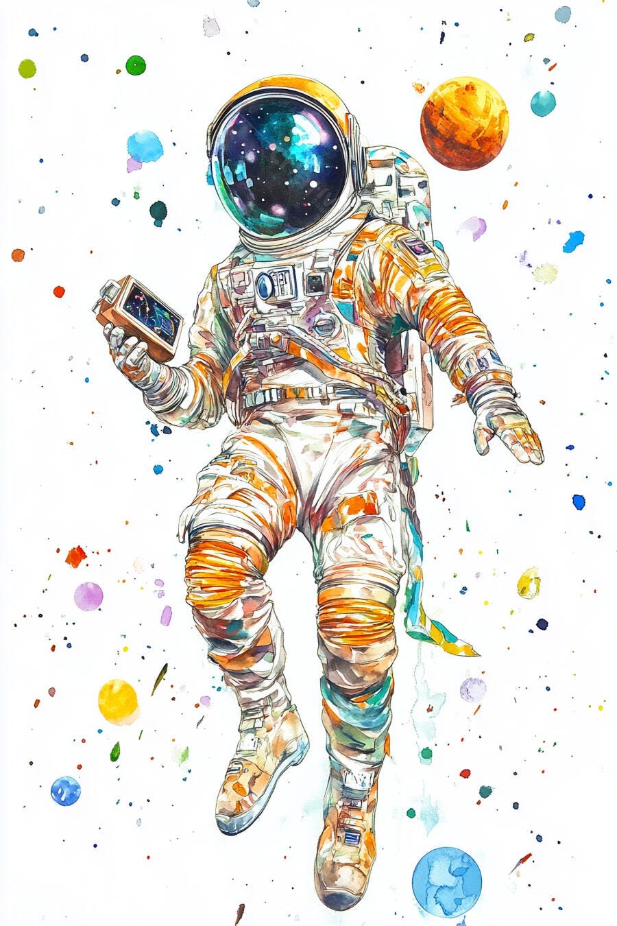Astronauta em aquarela flutuando no espaço com dispositivo e planetas