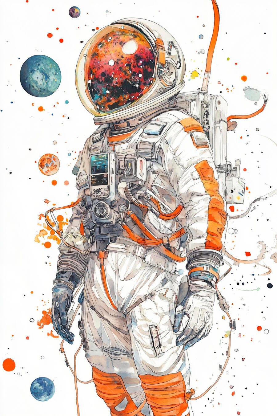 Astronauta em traje branco e laranja com galáxia no capacete arte digital