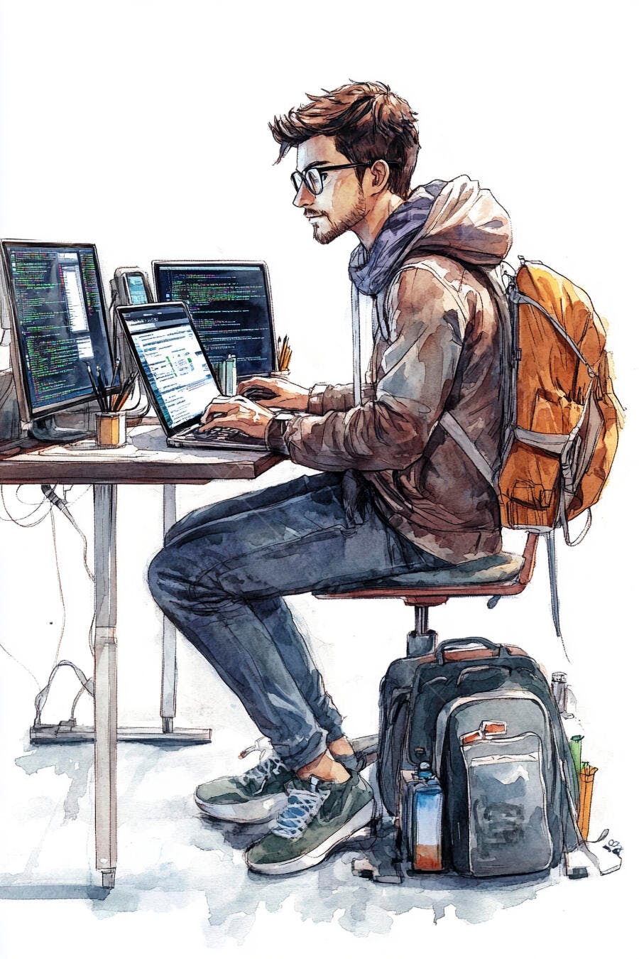 Jovem programador branco codificando em laptop com monitores de código no escritório